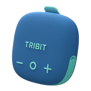 Tribit StormBox Micro 3 in blue with mint-green buttons and strap tab