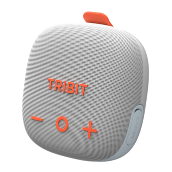 Tribit StormBox Micro 3 in grey-white with orange buttons and orange strap tab