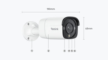 White Reolink P340 bullet camera, side view with size markings and numbered parts