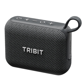 黑色 Tribit PocketGo 喇叭,布網面連掛繩