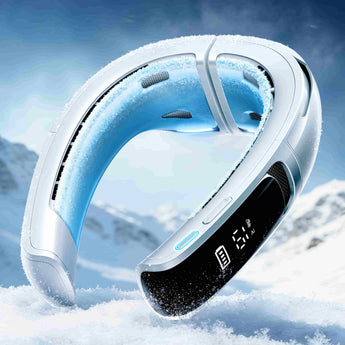White RANVOO AICE Lite MAX neck cooler with blue-lit cooling plates and digital display