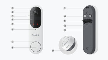 White doorbell front and back with numbered parts and the mounting bracket