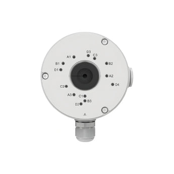 白色圓形 Reolink Junction Box B10,底座標有字母孔位,下方有電纜接頭