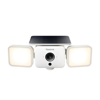 White Reolink Solar Floodlight Cam with two lamp panels and a solar panel on top