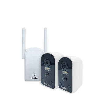 SpotCam Solo Pro base station with two antennas beside two white battery cameras