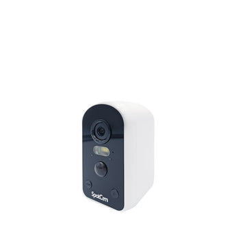Single SpotCam Solo Pro battery camera in white with a black front panel