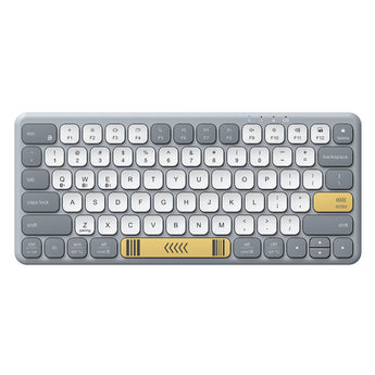 iClever BK50 compact keyboard from above, grey body with white keys and yellow accents