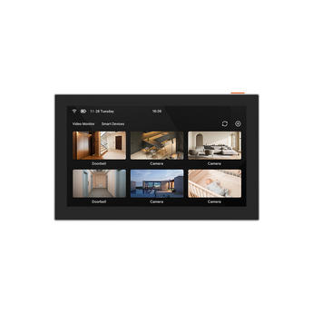 EZVIZ SD7 black 7-inch screen, front view showing a grid of doorbell and camera feeds