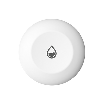 Round white EZVIZ T10C water leak sensor from above, grey water-drop icon in the centre