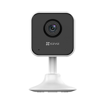 EZVIZ H1C white indoor camera with black front and round lens on its stand, front view