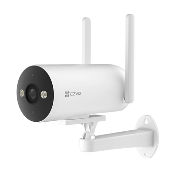 白色 EZVIZ H5 4G 槍型鏡頭,頂部有兩支天線,裝喺白色牆身支架