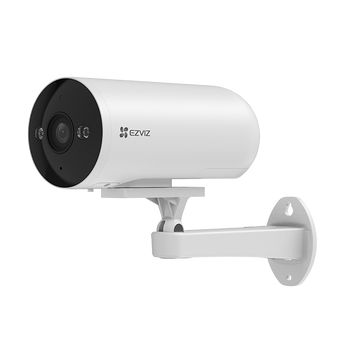White EZVIZ H5 PoE bullet camera on its white wall bracket, front three-quarter view