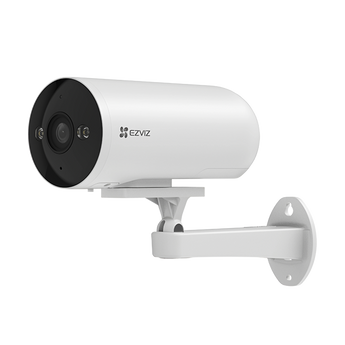 白色 EZVIZ H5 PoE 槍型鏡頭連白色牆身支架,正側面角度