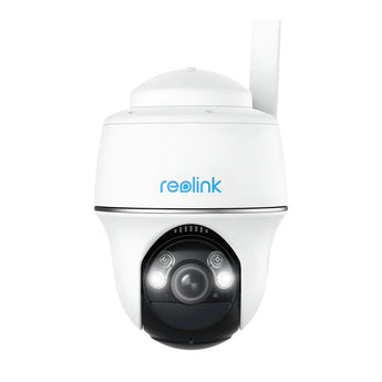 白色 Reolink Go PT Plus 雲台鏡頭連天線,正面見到白光燈