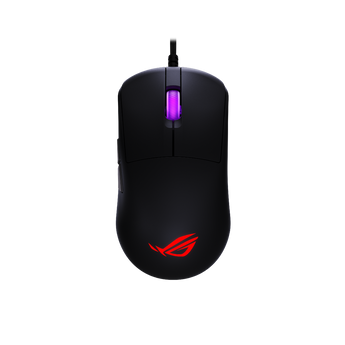 黑色 ROG Harpe Mini Core 俯視圖,滾輪亮紫燈、ROG 標誌亮紅燈