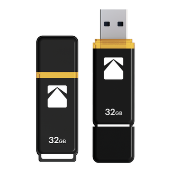 Kodak K103 32GB black USB flash drive with yellow collar, shown capped and uncapped