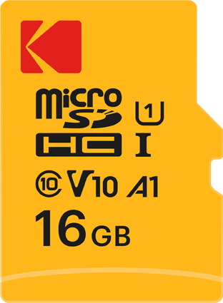 Yellow Kodak 16GB microSDHC card marked U1, V10 and A1