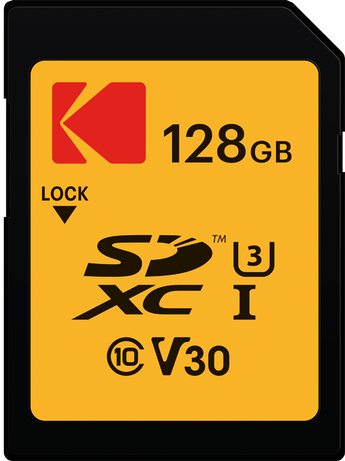 Yellow and black Kodak 128GB SDXC card marked U3, Class 10 and V30