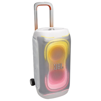 White PartyBox 330 front angled view with an extended handle and yellow and pink light rings