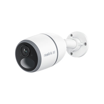 White Reolink Go Ultra bullet camera with wall bracket, front view