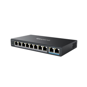 Reolink RLA-PS1 PoE+ 交換機,顯示八個攝影機連接埠及兩個上行連接埠