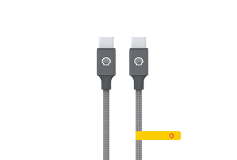 Two grey Shell-branded USB-C connectors on a grey braided cable with a yellow Shell tag