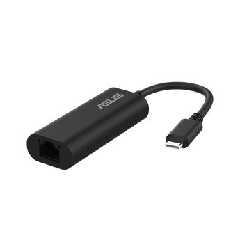 ASUS USB-C2500 V2 black adapter showing the RJ45 port and curved USB-C cable