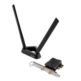ASUS PCE-BE92BT PCIe 網卡,黑色散熱片,旁邊係雙天線座