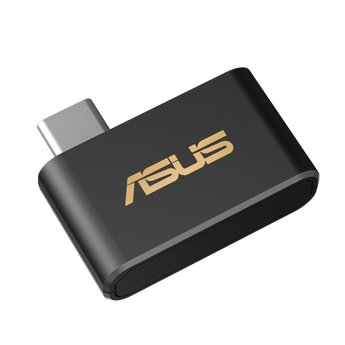 ASUS USB-BE93 Mini black adapter with gold ASUS logo and USB-C plug, angled view
