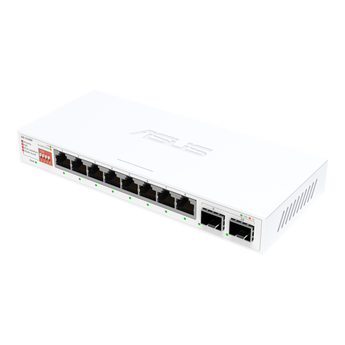 ASUS QG-U1080 白色交換機斜角,見到八個 RJ45 網口同兩個 SFP+ 端口