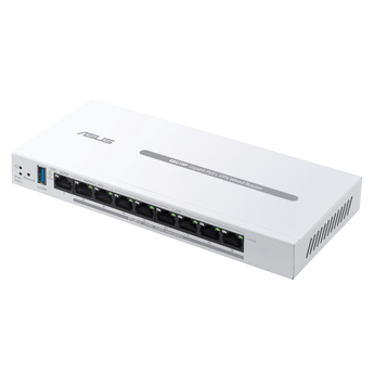 ASUS ExpertWiFi EBG19P 白色有線路由器斜角,見到 USB 同九個網絡端口