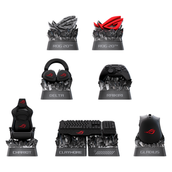All ROG 20th keycap designs together: two ROG logo versions, Delta, Raikiri, Chariot, Claymore and Gladius