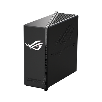 黑色 ROG Strix GS-BE18000 直立擺放,前側角度,正面有白色 ROG 標誌