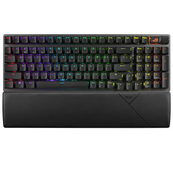 黑色 ROG Strix Scope II 96 Wireless 正面俯視,RGB 燈光連皮革紋手托