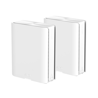 兩部白色 ASUS ZenWiFi BQ16 Mesh 路由器並排企立,前側角度