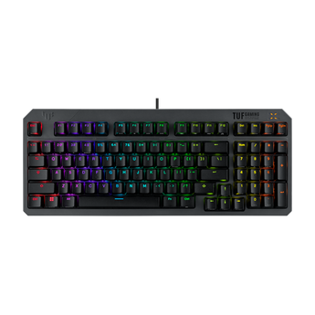 TUF Gaming K3 Gen II top view, grey top cover with black keycaps and RGB lighting