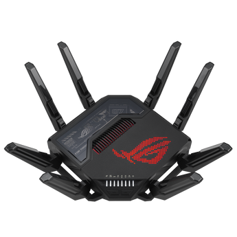 Black ROG Rapture GT-BE98 with eight antennas raised and a red ROG logo, front view