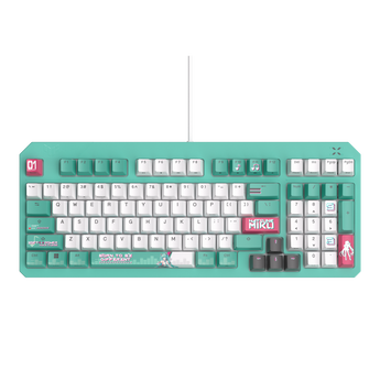 TUF Gaming K3 Gen II 初音未來版正面俯視,湖水綠白鍵帽配初音圖案