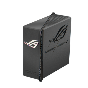 深灰色 ROG Strix GS-BE7200X 直立擺放,前側角度,見到發光 ROG 標誌