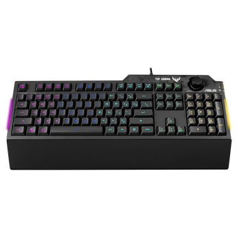 TUF Gaming K1 正面,RGB 按鍵、紫色同黃色側燈條,連手托