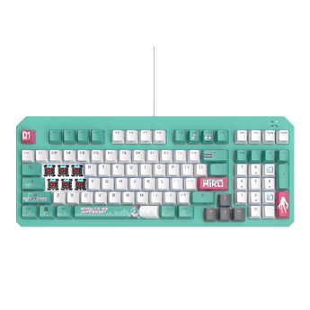 Top view with six keycaps removed to show the red optical switches