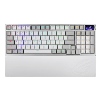 White version top view with grey and white keycaps and wrist rest