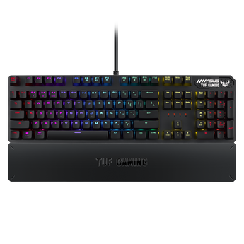 TUF Gaming K3 正面俯視,RGB 按鍵、線材同 TUF Gaming 手托