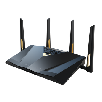 黑色 ASUS RT-BE88U 路由器,四支金色裝飾天線,右前側角度