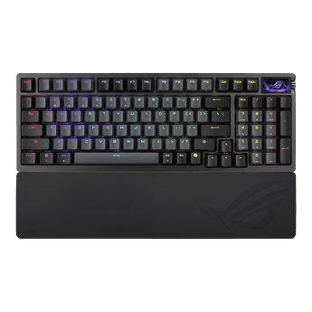 黑色 ROG Azoth 96 HE Lite 正面俯視,連手托同 OLED 屏