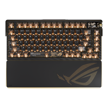 ROG Azoth Extreme Edition 20 top view, black and gold with lit translucent keycaps and wrist rest