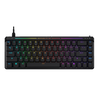 ROG Falchion Ace HFX 正面俯視,黑色 65% 佈局,RGB 燈光同上方燈條