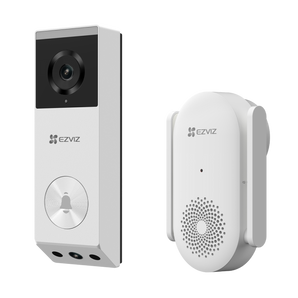 White and silver EZVIZ EP3x doorbell with front and bottom lenses, beside the white plug-in chime