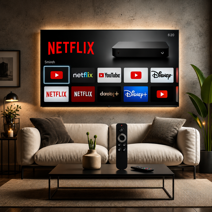 A large wall-mounted TV in a modern living room setting, displaying the Netflix app interface with various streaming service logos. The TV is mounted on a textured gray wall above a beige sofa with decorative pillows and a black coffee table in front.