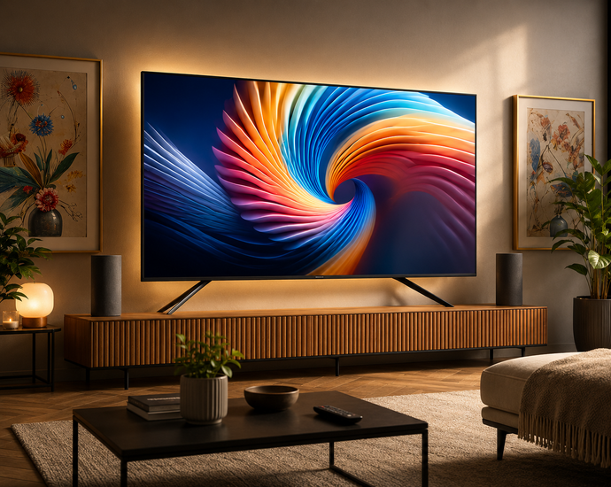 A large flat-screen television mounted on a wall in a modern living room, displaying a vivid swirling abstract wallpaper in blue, orange, yellow, and purple. The TV sits above a long wooden media console, flanked by speakers, with framed wall art, plants, and a coffee table in the room.